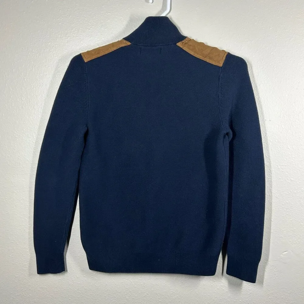 Banana Republic Navy Blue 1/4 Zip Sweater Suede Shoulder Patches Size S